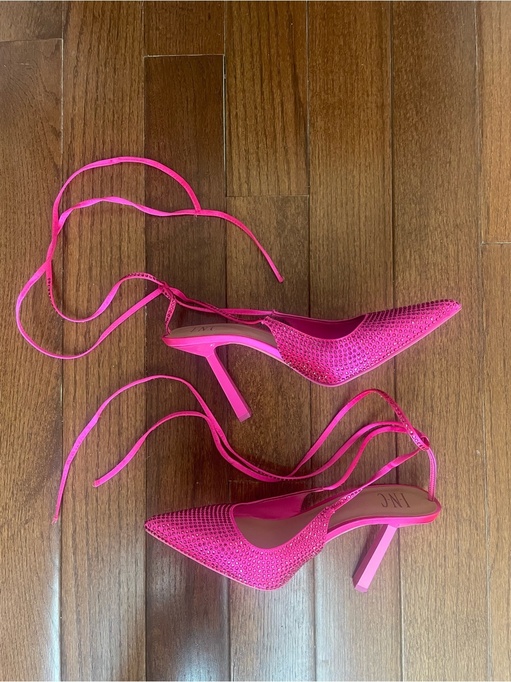 INC International Concepts Hot Pink Rhinestone Lace-Up Pointed Heels - Picture 3 of 5